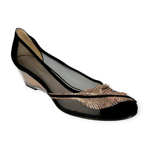 Heyraud | 38.5 | Black Mesh Copper Leaf Embellished Clear Heel Slip-On Shoe - Picture 2 of 11